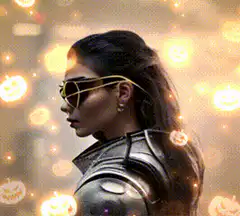 Woman in armor with jack-o-lanterns