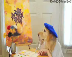 Dog artist painting flowers