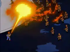 Lenny uses flamethrower on soldiers