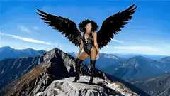 Woman with black wings on mountain peak