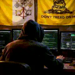Hacker typing with Vatican and Gadsden flags