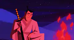 Samurai sitting by fire with katana