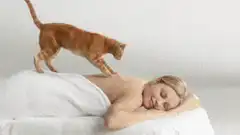 Cat gives sleeping woman a back massage