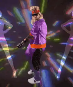 80s man in purple tracksuit dancing