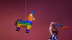 child hits rainbow unicorn piñata