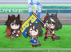 Three anime girls waving a flag at a racecourse