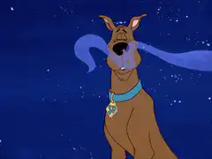 Scooby Doo blowing a long blue bubble