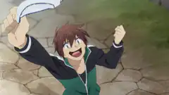 Kazuma celebrating with a towel