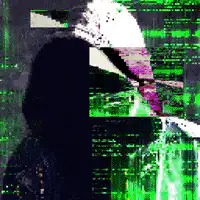 glitchy hooded figure and skull