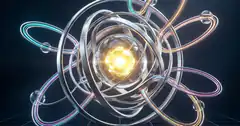 glowing atom with orbiting rings