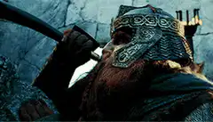 Dwarf blows horn at tower