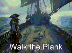 Pirate walks the plank with sharks