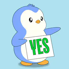 Cute blue penguin holding yes signs