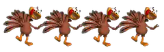 four cartoon turkeys dancing