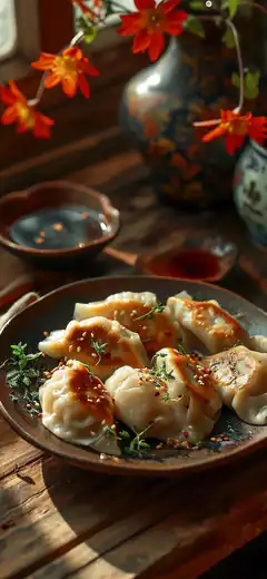 pan-fried dumplings with herbs and sauce