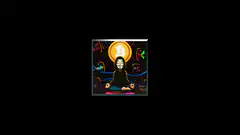 Guy in Guy Fawkes mask meditating with Bitcoin