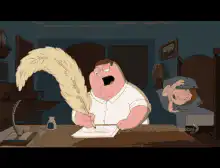 Peter Griffin writing with giant quill