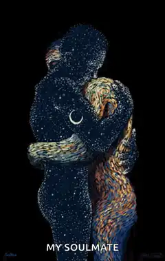 Two figures embracing with starry and swirled textures