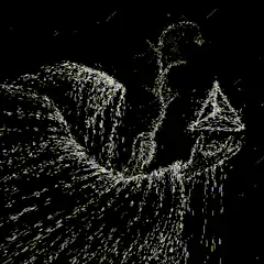 Particle figure holding pyramid