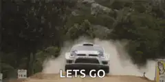 Rally car jumps with lets go text