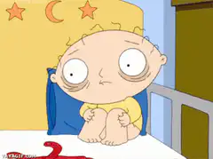 Stewie Griffin wide-eyed in bed