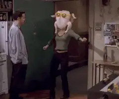Monica with a turkey on her head