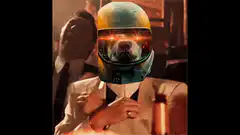dog in helmet with glowing eyes