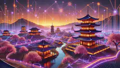 Neon cyberpunk pagoda landscape