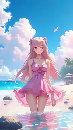 anime girl in pink dress on beach