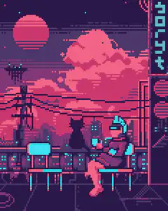 pixel art girl on balcony at sunset
