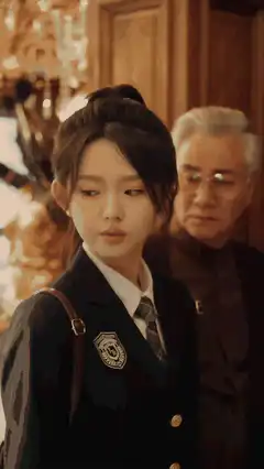 Girl in school uniform walks past older man