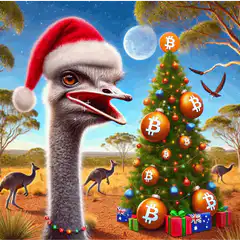 Ostrich in Santa Hat by Bitcoin Christmas Tree
