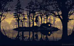 pixel art cabin by lake at sunset
