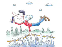 Man with wings and long nose tightrope walking