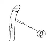 Stick figure drops bitcoin and holds HODL sign
