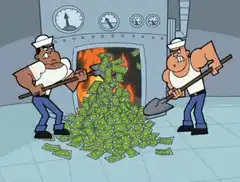 Two sailors shoveling money into a furnace
