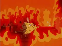 SpongeBob in a burning room