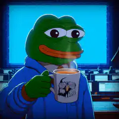 Pepe holding a mug in a blue room