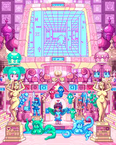 pixel art shrine with cat on screen