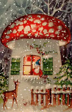 Santa in mushroom house snowing