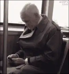 Old man on bus with large breasts