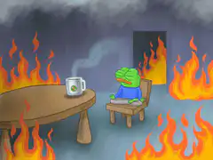 Frog sitting calmly in burning room