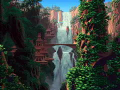 pixel art waterfall village