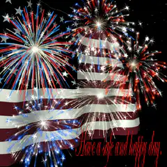 American flag with fireworks and text