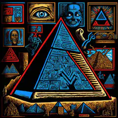 Animated pyramid collage with hieroglyphs and symbols