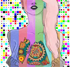 Colorful woman with patterned chest
