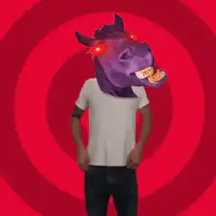 Purple horse head man shrugs