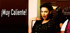 Woman gesturing next to Muy Caliente text