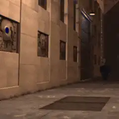 Skull-headed man running down alley