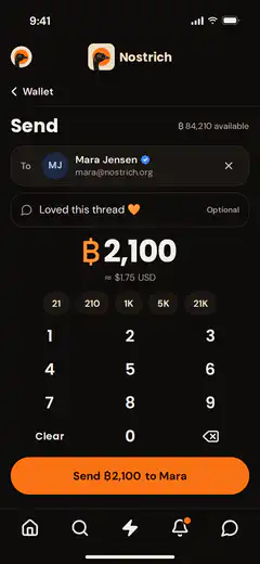 Nostrich wallet send bitcoin